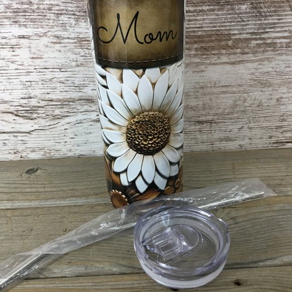 Brown and White Flowers Leather Look Personalized 20 oz Skinny Tumbler - Picture 6 of 6